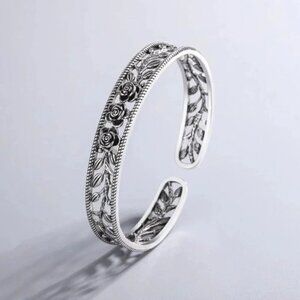 925 Sterling SIlver Rose Bangle Bracelet Rose Flower Engraved Bracelet